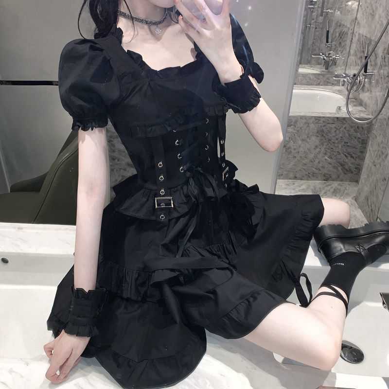 Menina japonesa do vintage estilo punk puff manga bandagem mini vestido vitoriano renascentista preto gótico lolita vestido feminino vestidos