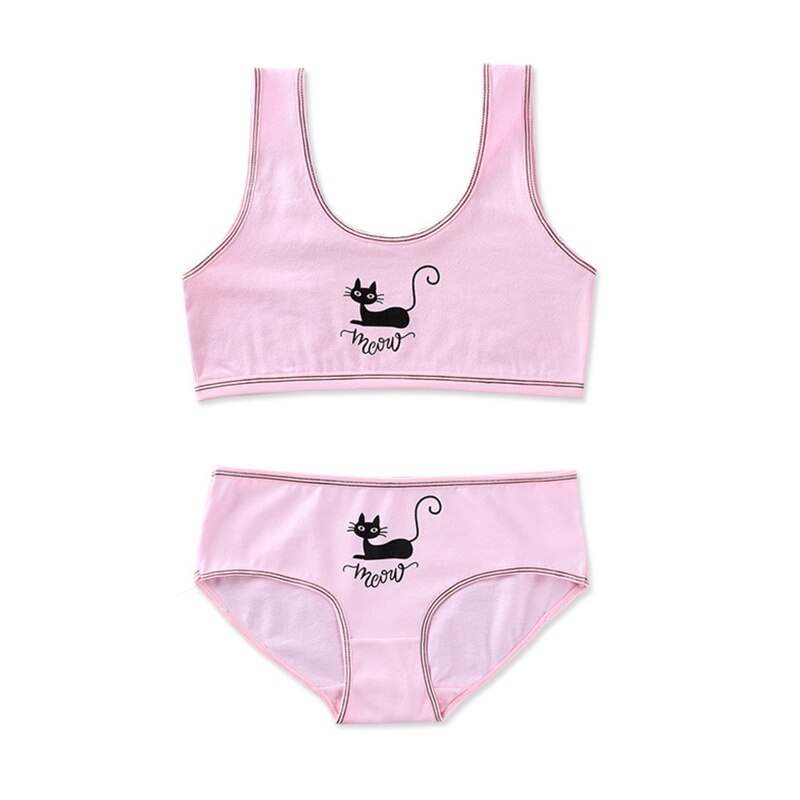 Adolescenti ragazze 2 pezzi Set di biancheria intima simpatico gatto nero stampa cinturino largo reggiseno da allenamento gilet a righe Top e mutandine abbinate sport U: Pink