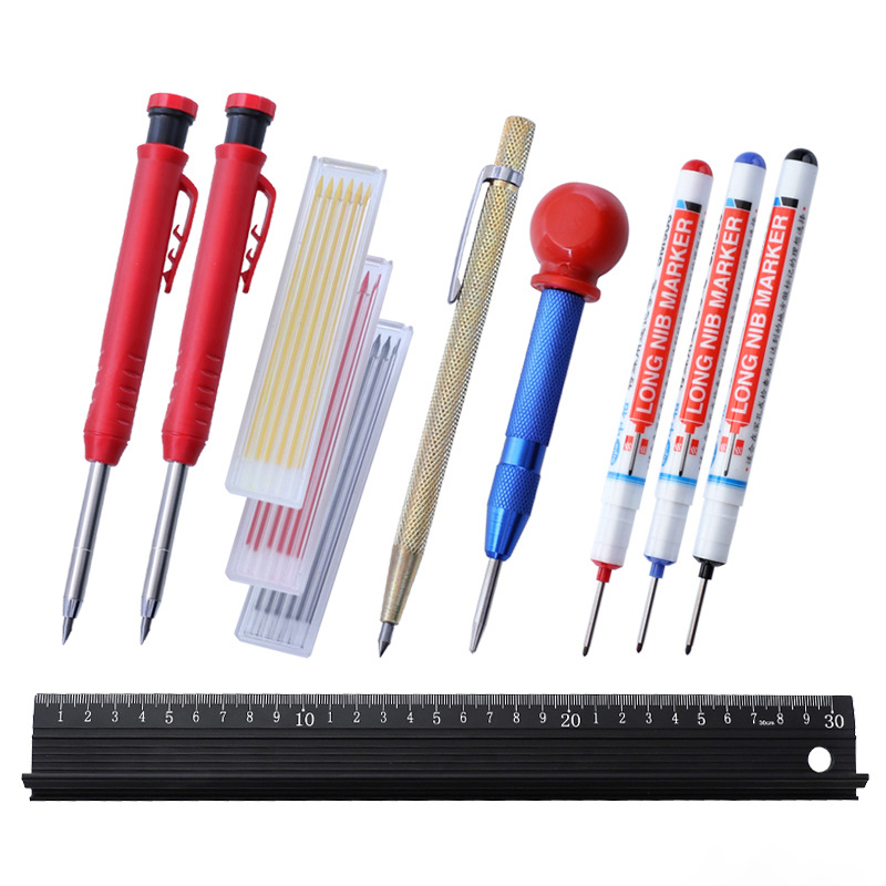Carpenter Pencil Set Solid Woodworking Construction Marker with Center Punch Built-in Sharpener Deep Hole Mechanical Pencil Tool: Set D