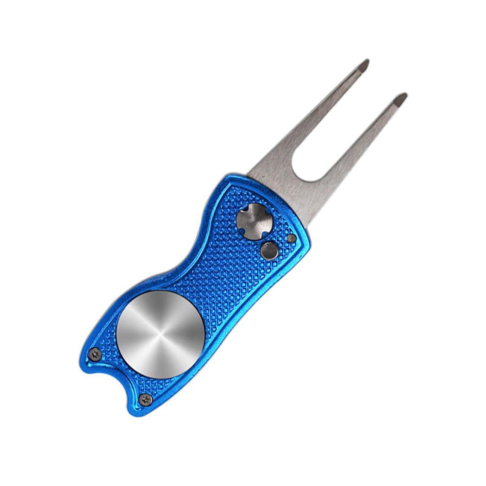Golf Divot Tool Folding Golf Turf Tool with Pop Up Button and Magnetic Ball Maker: Blue