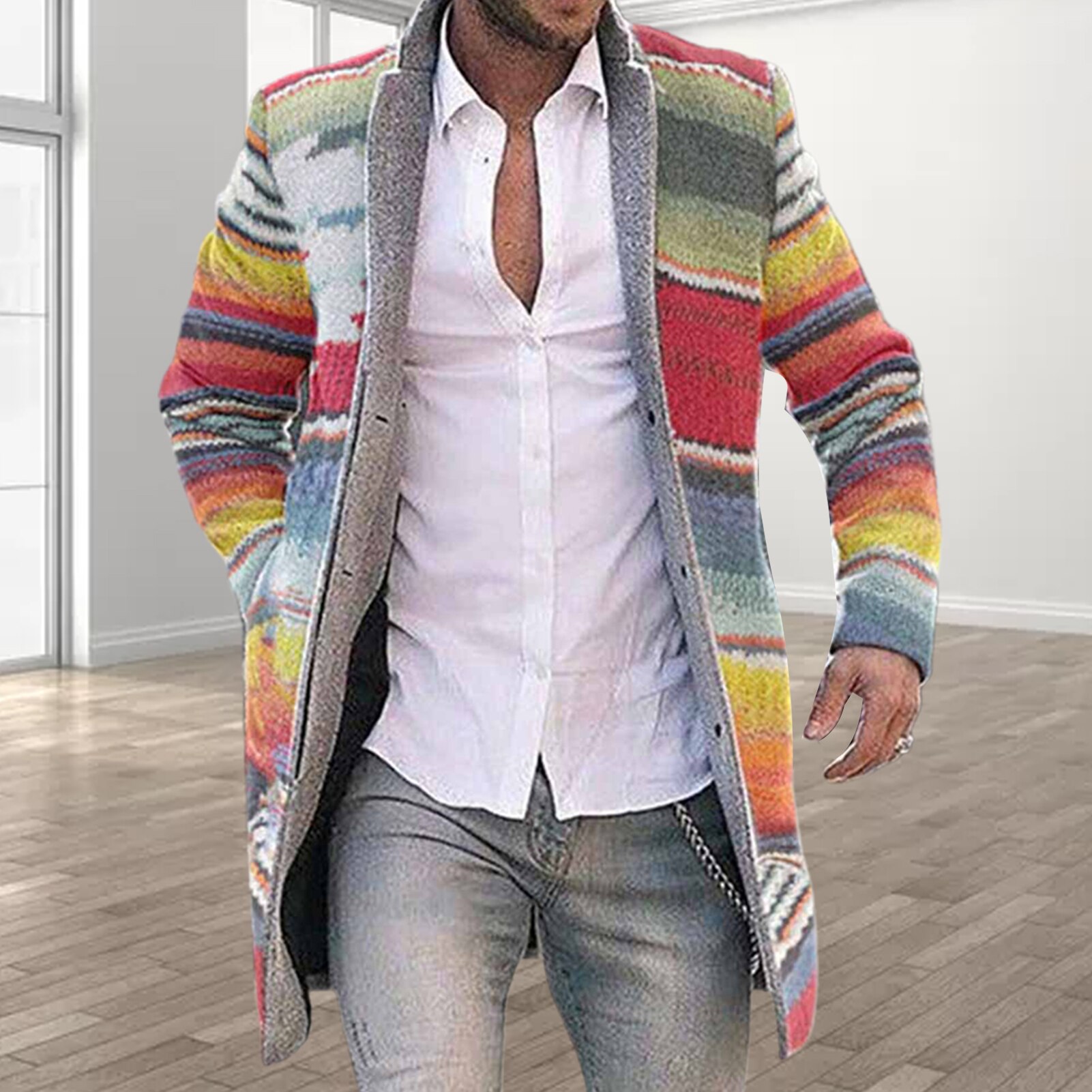 Herbst Winter Herren Graben Mantel Regenbogen Streifen drucken Langarm Offene Vordere Graben Mantel Männer Lange Graben Oberbekleidung Männlichen Mantel