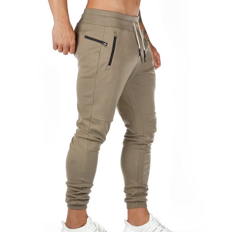 Herre gym joggerbukser snøre i taljen casual bukser lynlåslommer sportsbukser bomuld joggingbukser joggingbukser sportstøj: Khaki / Xxl