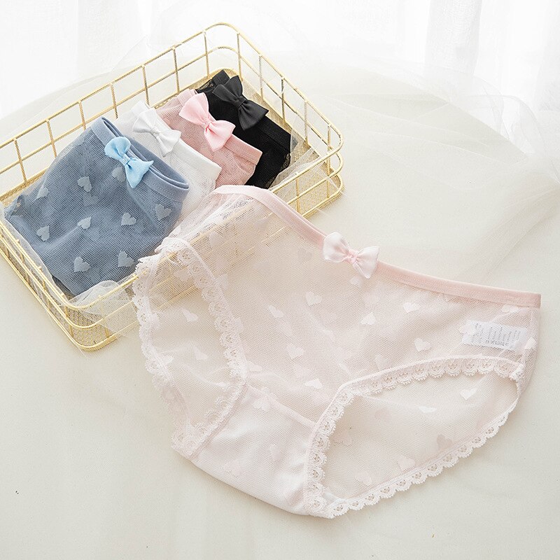 Lace Panties for Women Sexy Transparent Underwear Female Bow Briefs Breathable Intimates Mid Waist Underpants