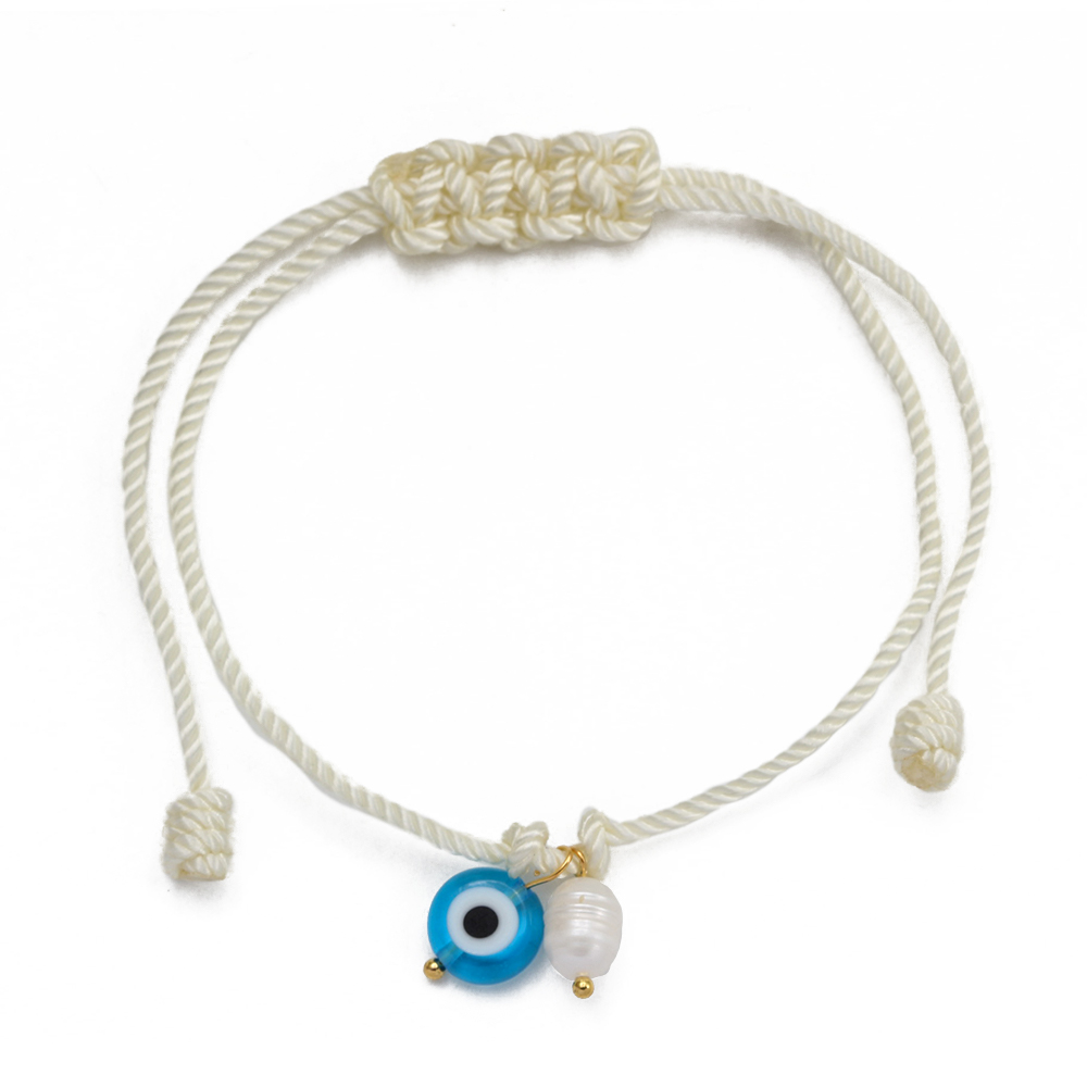 Pulsera de cuerda trenzada de ojo de la suerte, pulsera ajustable de cuentas de perlas de agua dulce de mal de ojo turco para mujeres y hombres, pulseras bijoux: Color amarillo dorado claro