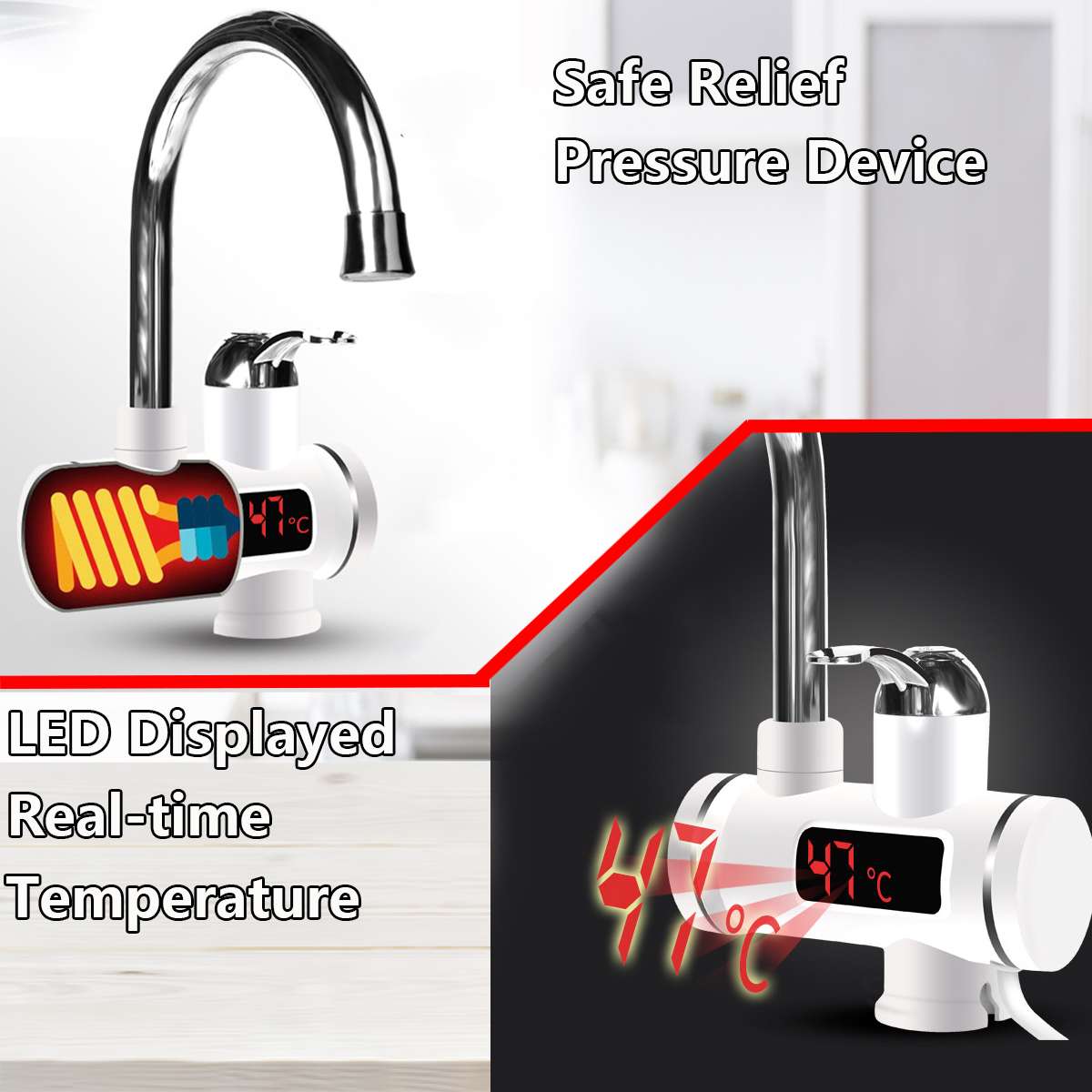 220V Tankless Instant Electric Water Heater Temperature Display Water Heating Kitchen 3000W Water Heater with LED EU Plug