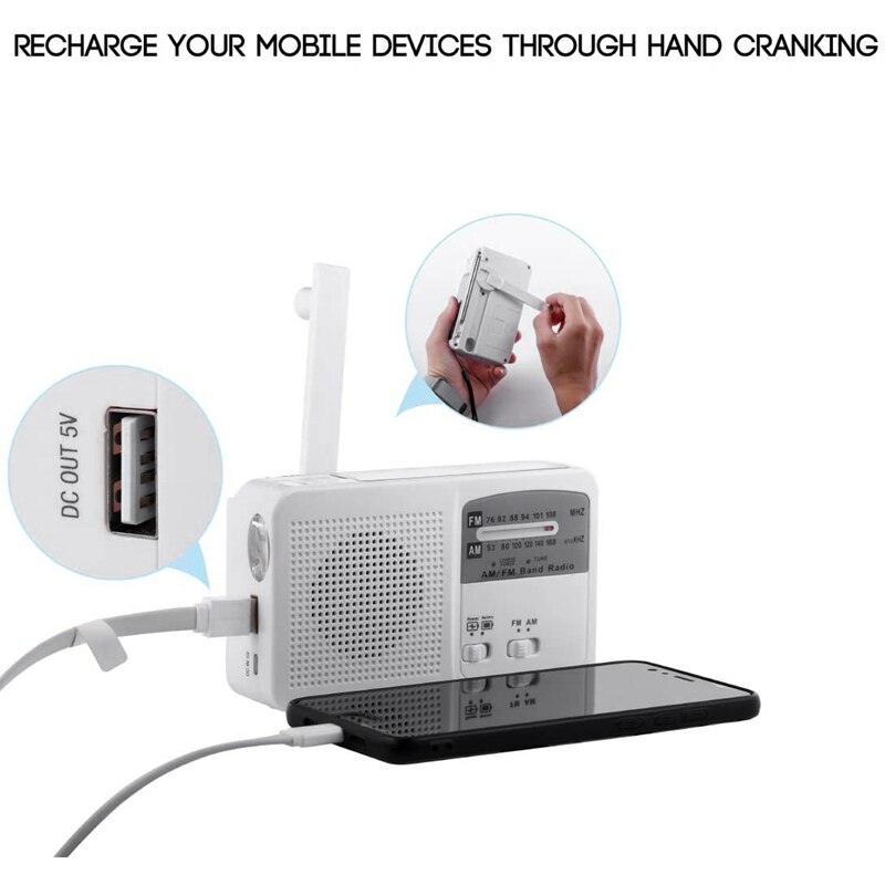 Emergency Radio with Solar and Hand Crank Self Powered, Battery USB Recharging FM/AM Radio LED Flashlight Phone Charger