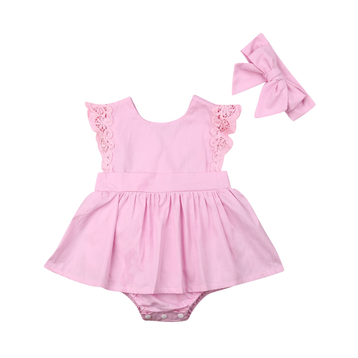 niños ropa de verano ropa de bebé chico bebé niña encaje 2 piezas mono diadema ropa vestido de encaje monos de manga ropa: Rosa / 18 meses