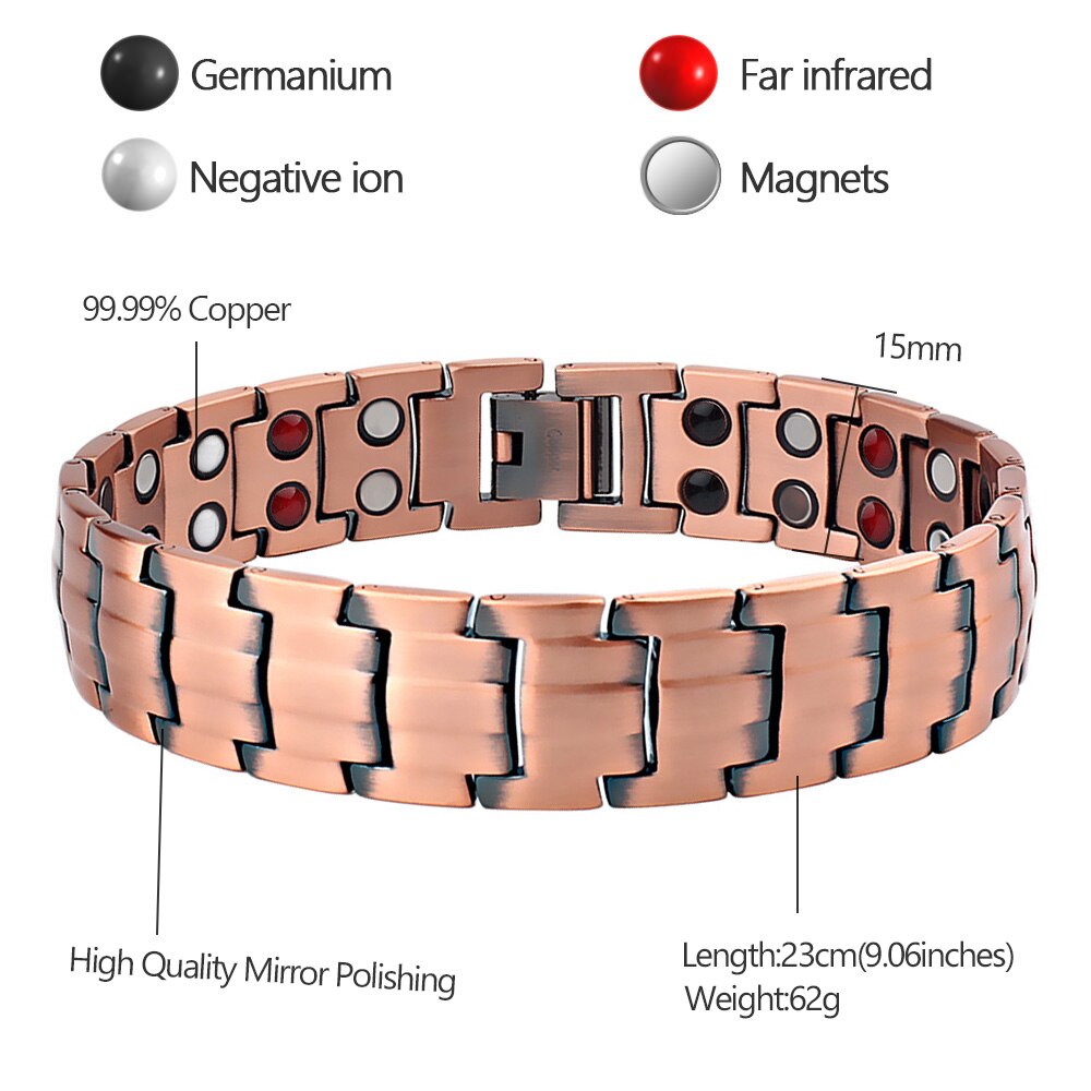 FINE4U – Bracelets magnétiques en cuivre B383 pour hommes, soulagement de l'arthrite, douleur, santé, Double rangée de 4 éléments, aimants puissants