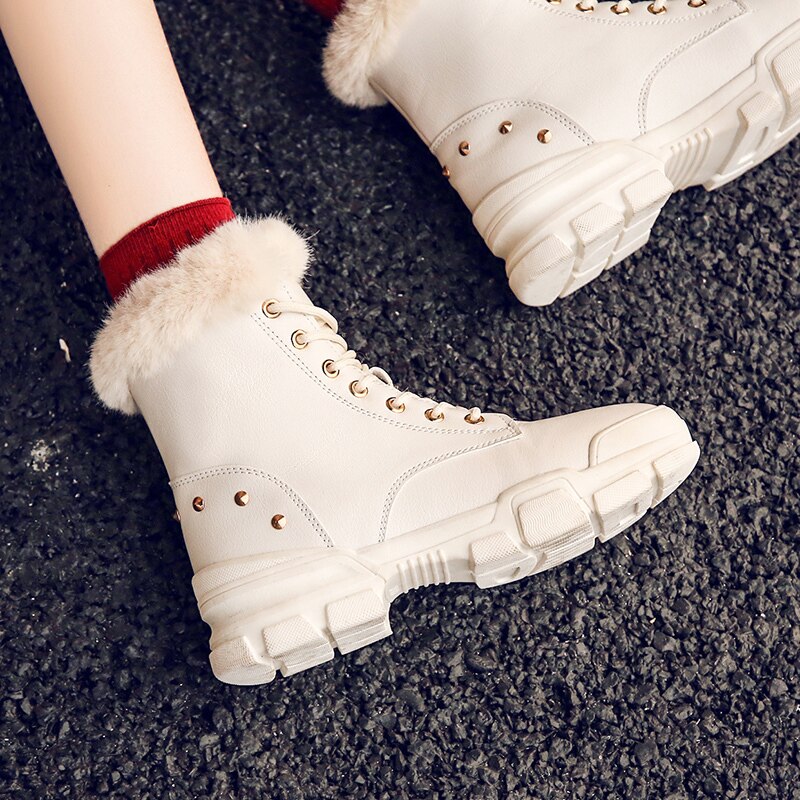 Mode Lederen Bont Gevoerde Vrouwen Casual Korte Enkellaarsjes Winter Laarzen Voor Dames Lace Up Snowboots Schoenen Zwart Wit U357