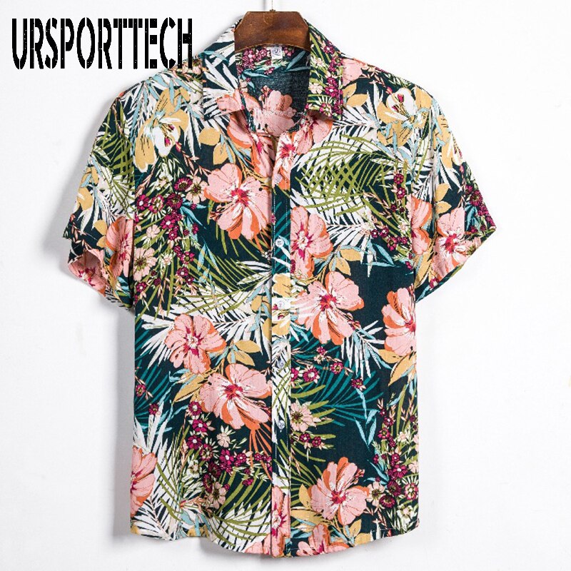 Ursporttech zomer strand shirts voor heren korte mouwen losse casual bloemen shirts staande kraag bloemen hawaiiaanse shirt
