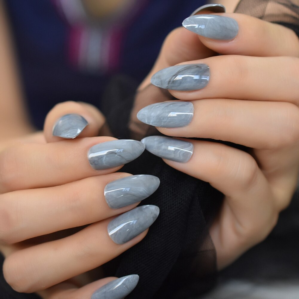 Marbling False Nails Grey Stiletto Shiny Marble Nail Art Tips Medium Size Pointed Sharp Nails 24 Count