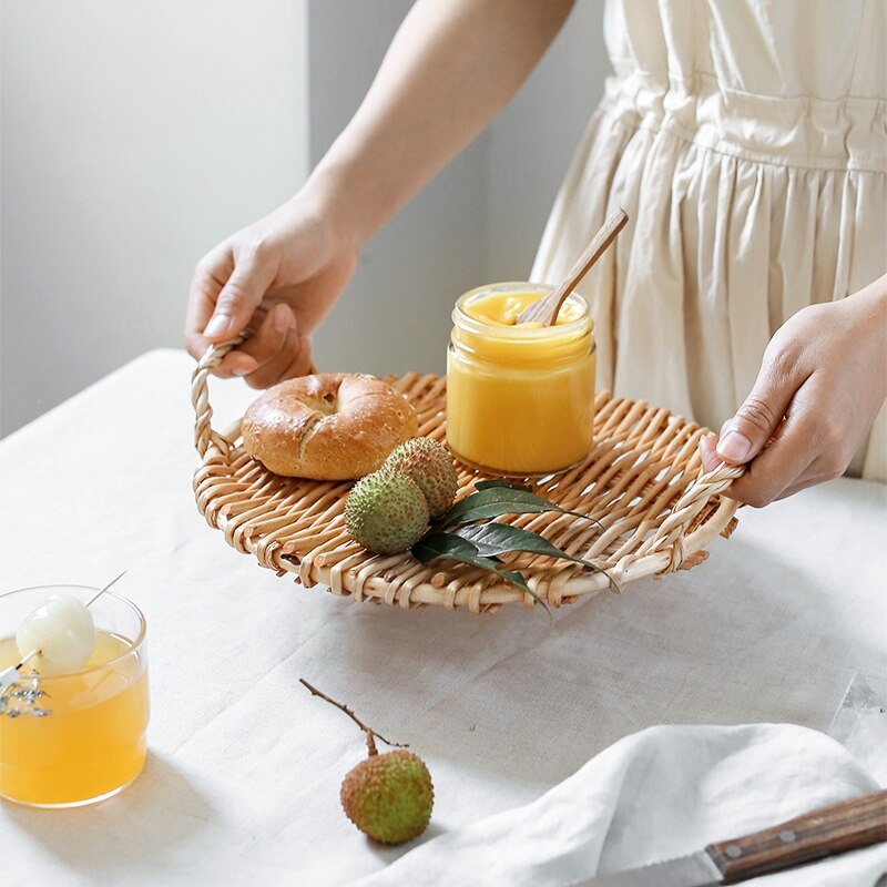 Best Rattan Round Fruit Tray with Handle Storage Tray Breakfast Table Storage Basket Pastoral Rattan Tray Bread Tray