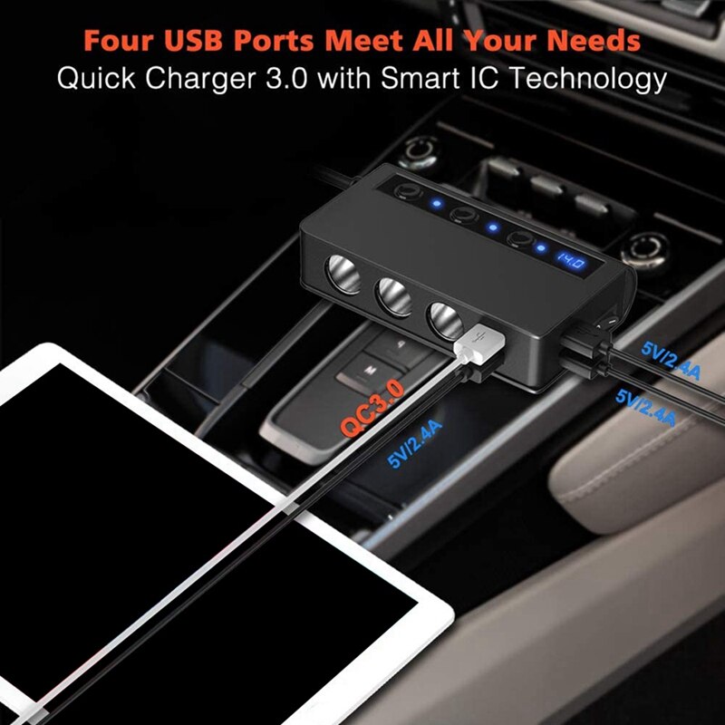 4 USB Car Chargers, 180W High Power Qc 3.0 Independent Switch Car Charger 3 in 1 Car Adapter