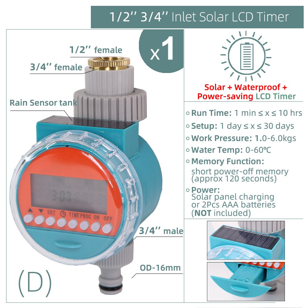 1PC Water Timer Rain Sensor Solar LCD Double Dial Ball Valve Controller Garden Watering Irrigation 1/2&#39;&#39;3/4&#39;&#39; Tap Joint Solenoid: D-1PC