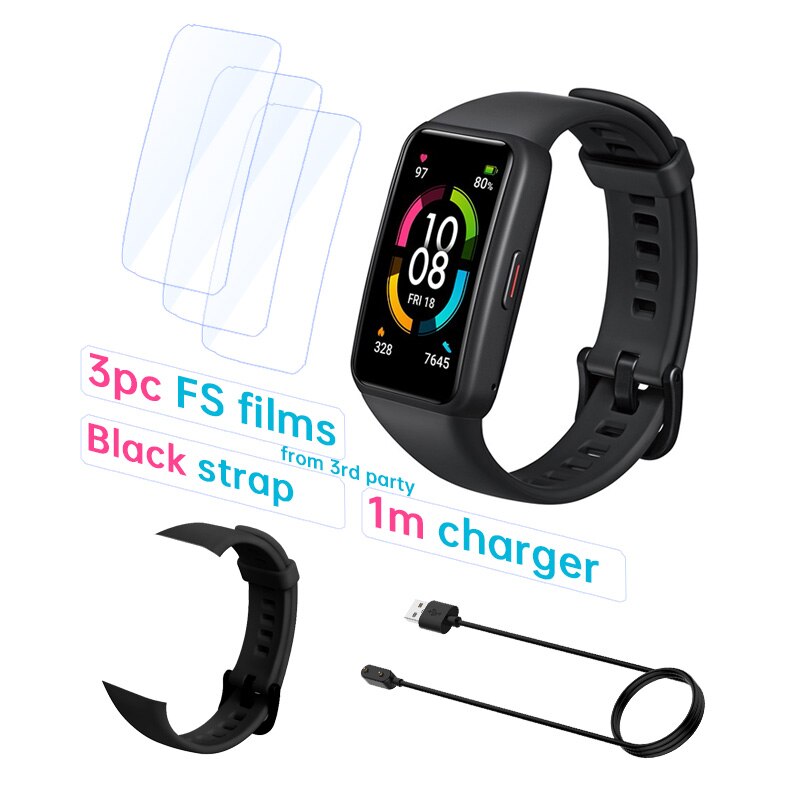 Honor-reloj inteligente Band 6 Original, pulsera con pantalla táctil AMOLED, Monitor de ritmo cardíaco y sueño, oxígeno en sangre, SpO2, resistente al agua: Std B F Cable Black