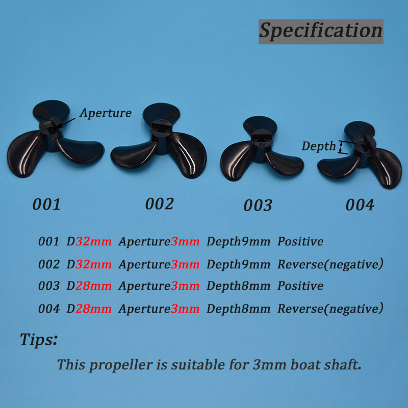 D28 mm / 32mm hélice de barco de nailon de tres cuchillas, tornillo positivo/inverso de alta resistencia para eje de hélice de 3mm