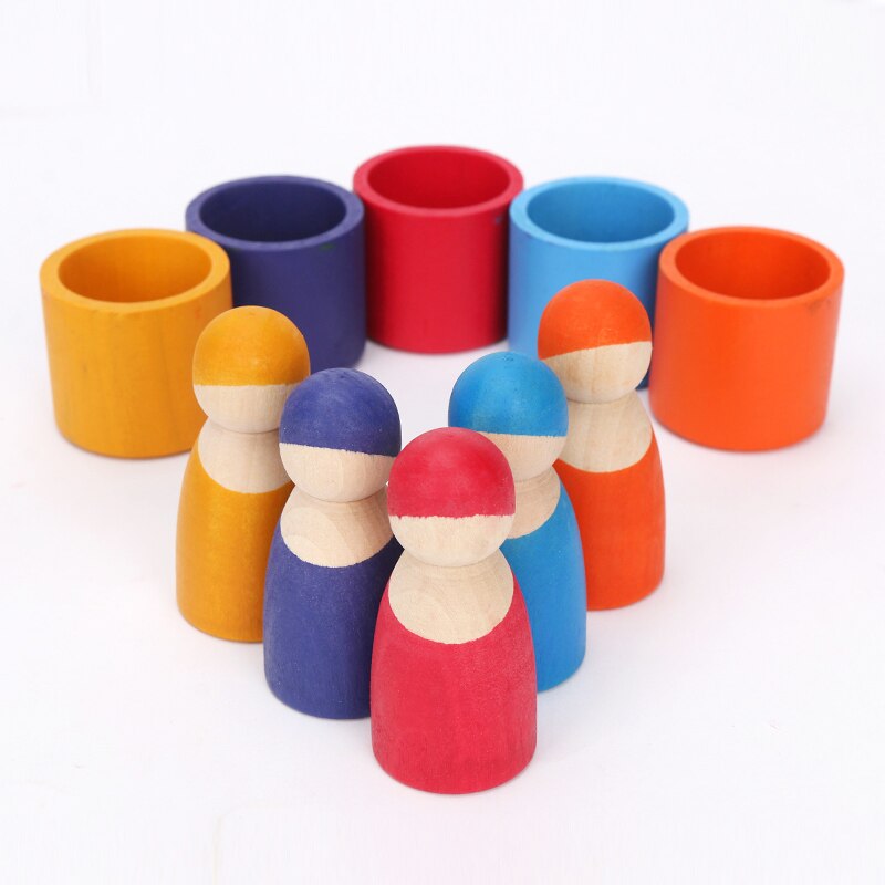 13 pièces/ensemble Montessori jouets en bois arc-en-ciel blocs amis Peg poupées corps bébé semblant jouer personnes FiguresRainbow empileur
