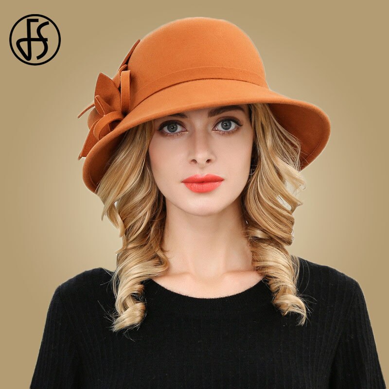 Sombrero de lana con visera grande para mujer, gorro de lana con visera grande, Estilo Vintage, ancho, con flores: Rust Red Wool Hat