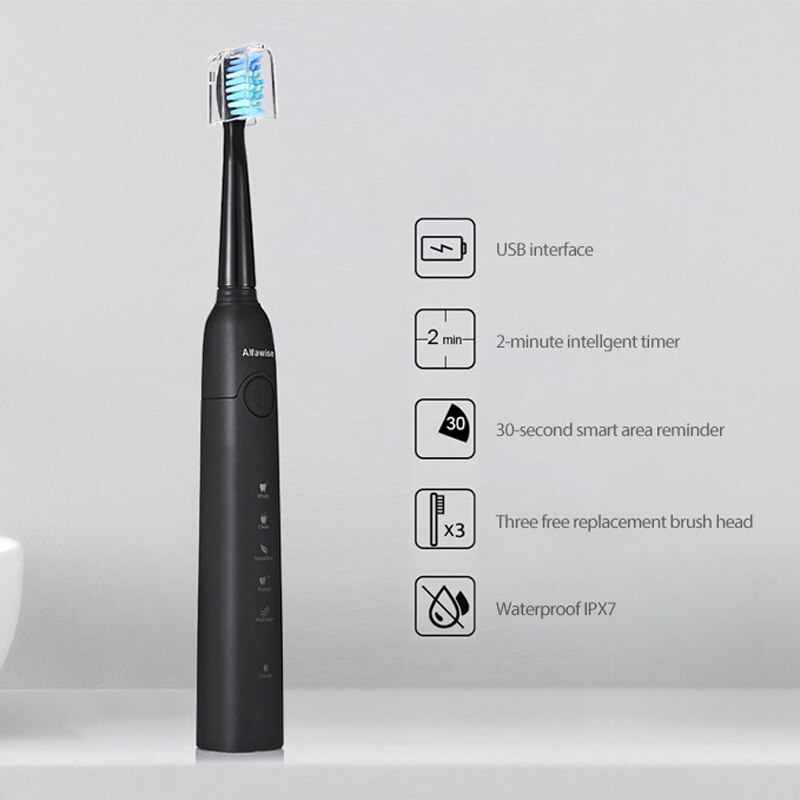 Cepillo de dientes eléctrico Alfawise SG-949 Sonic con carga USB con temporizador inteligente cinco modos de cepillado a prueba de agua con 3 cabezales de cepillo de dientes