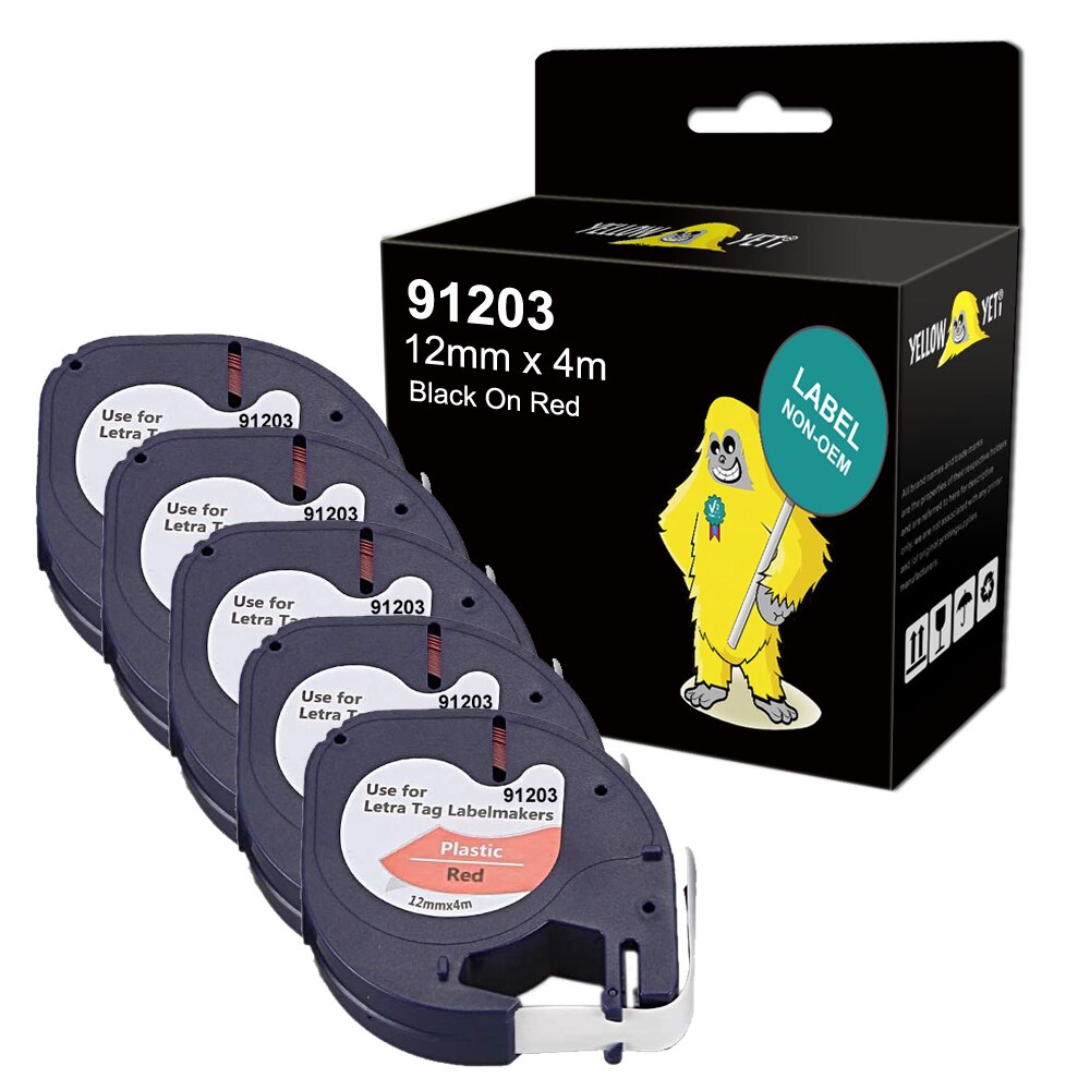 5x Label Tape Compatible Dymo Letratag 12mm x 4m Plastic Tape for LT-100H LT-100T: 5* Black On Red