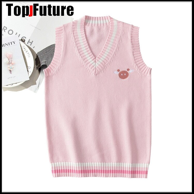 PINK Japanese girl's Knitted Vest cute versatile sweater school Uniform Cardigans PINK BIG NOSE embroidery sweater: L
