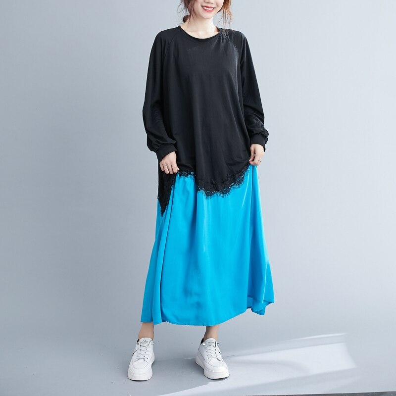 Dimanaf outono plus size vestido feminino a linha de renda emendado vestidos femininos elegante senhora vestido solto manga comprida vestido roupas