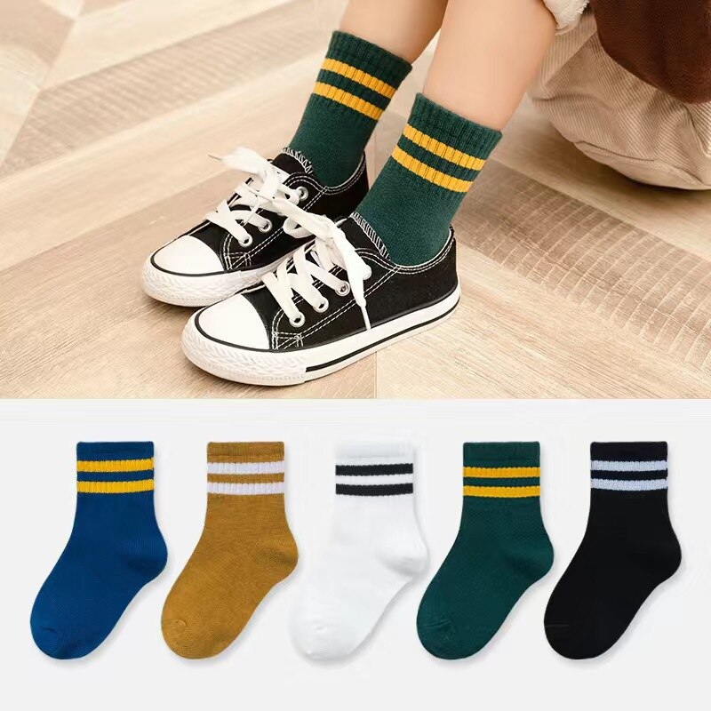 Calcetines de algodón a rayas para niño y niña, medias de tubo deportivas de Color sólido, ropa escolar suave, 5 unids/lote: 4 / 6-8 years old