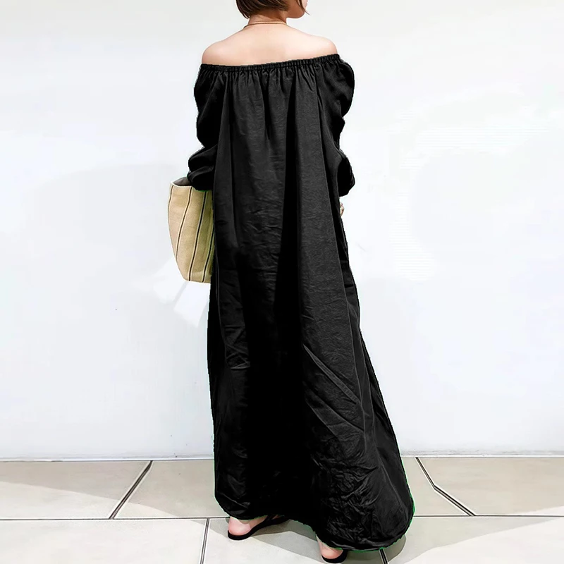 Woman Spring Back Button Slit loose Long Dress Off Shoulder Solid Colid Simple Casual Pure Cotton Linen Dresses Vintage: XXXL / black