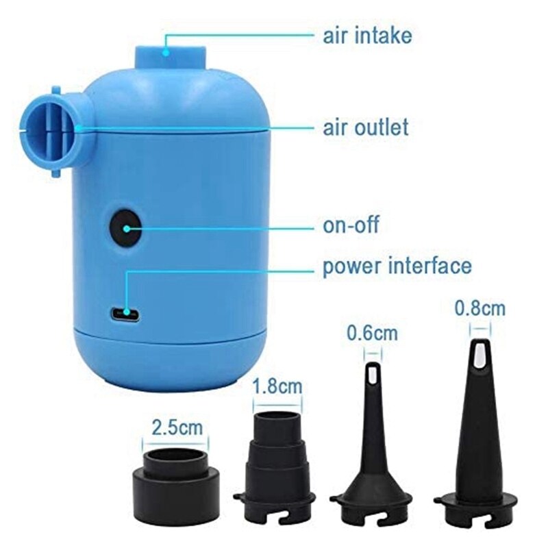 Usb elektrisk luftpump portabel, mini luftpump med 4 munstycken, pumpar för uppblåsbara pool luftmadrass sängar båtar.