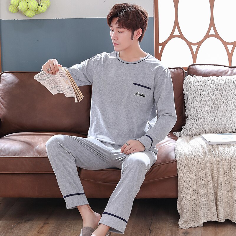 Autumn Winter Knitted Cotton Gray Men&#39;s Pyjamas Solid Pajamas Set Casual Male Sleepwear Pyjamas Night Pijama Hombre 4XL Homewear