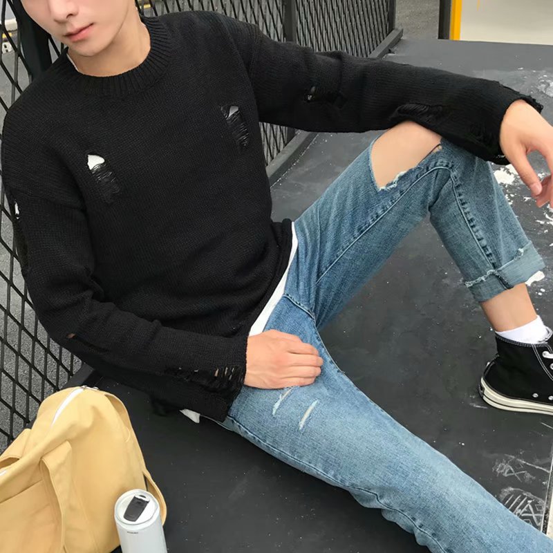 Høstgenser herre solid strikkegenser mannlig kausal revet uthullet gensere streetwear hip hop pullover topper