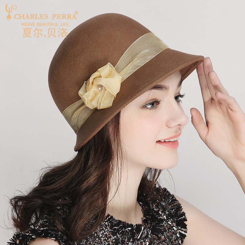 Lady Fedoras Hat Girls British Style Dome Hat Female Woolen Cap Shaped Winter Warm Cap British Leisure Cap B8676: Khaki