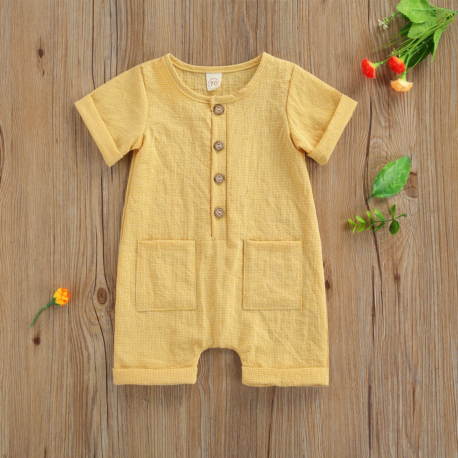 Baby Jongens Meisjes Jumpsuit, Baby Zomer Creatieve Gele Ronde Kraag Korte Mouw Pocket Decoratie Borst Knop Toevallige Romper