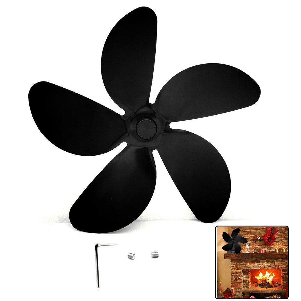 5-Blade Fan Blade Black Burner Fireplace For Heat Powered Friendly Fan