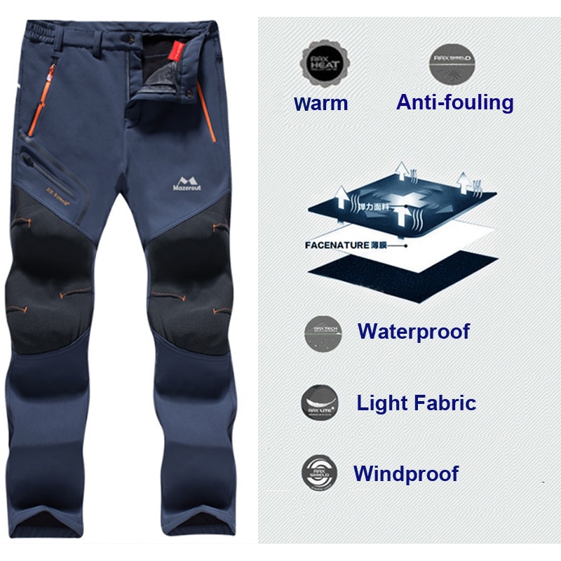 MAZEROUT Man Winter Fishing Waterproof Camping Trekking Fleece Outdoor Hiking Pants Climbing skiing Softshell Trouser Travel 6XL