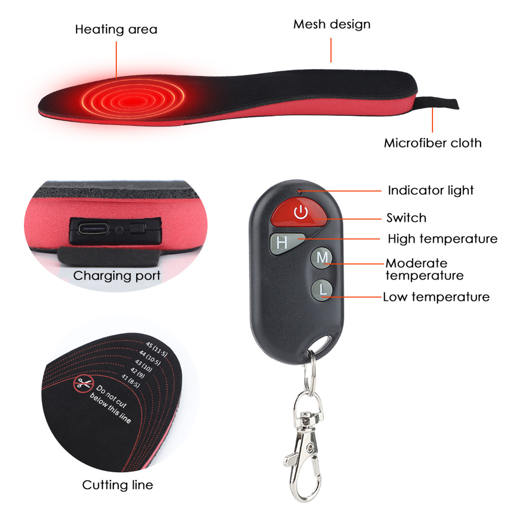 Electric Heated Insoles with Remote Control Winter Heating Insoles USB Rechargeable for Hiking Skiing Camping