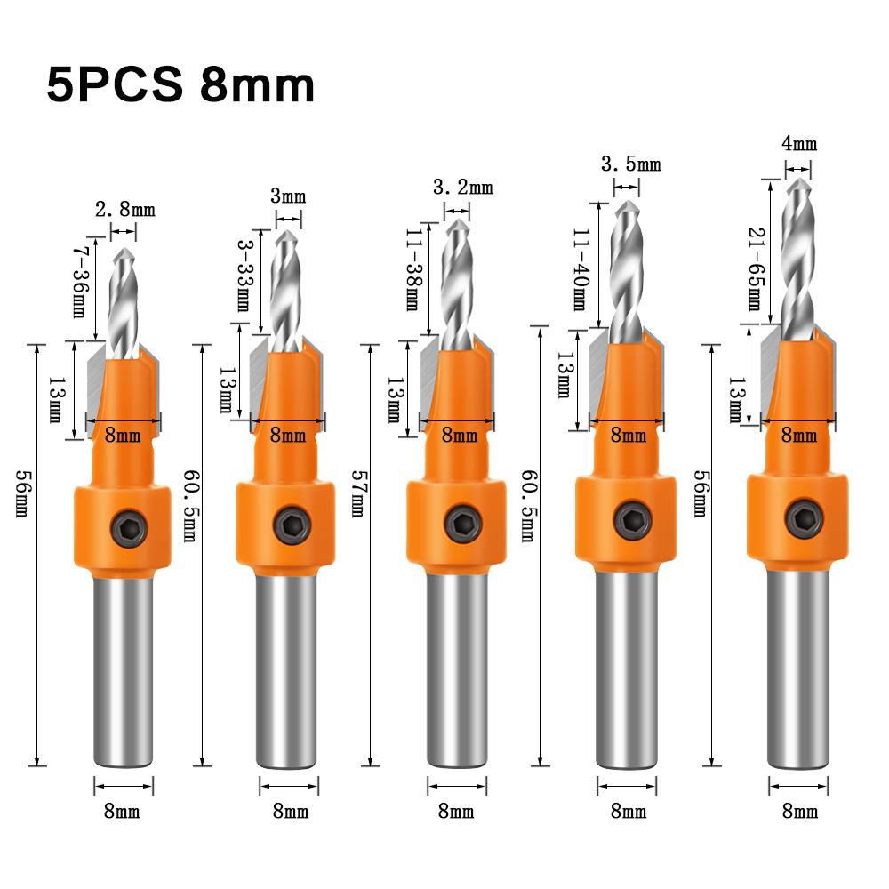 8mm Schaft HSS Holzbearbeitung Senker Bohrer Set Schraube Extractor Remon Abriss Holz Fräser Spiralbohrer Holz: 5pcs 8mm