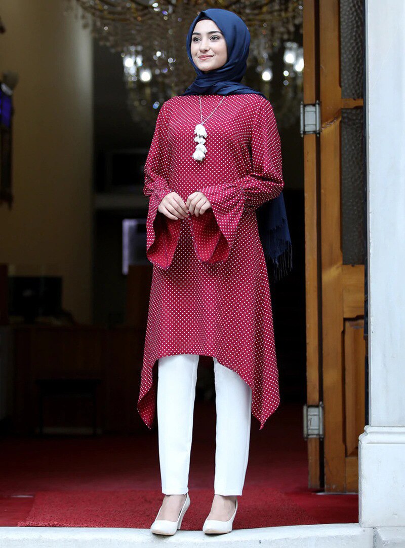 KALENMOS caftan musulman Abaya robe femmes été imprimé points Hijab longue Blouse hauts manches évasées asymétrique ourlet robes islamiques