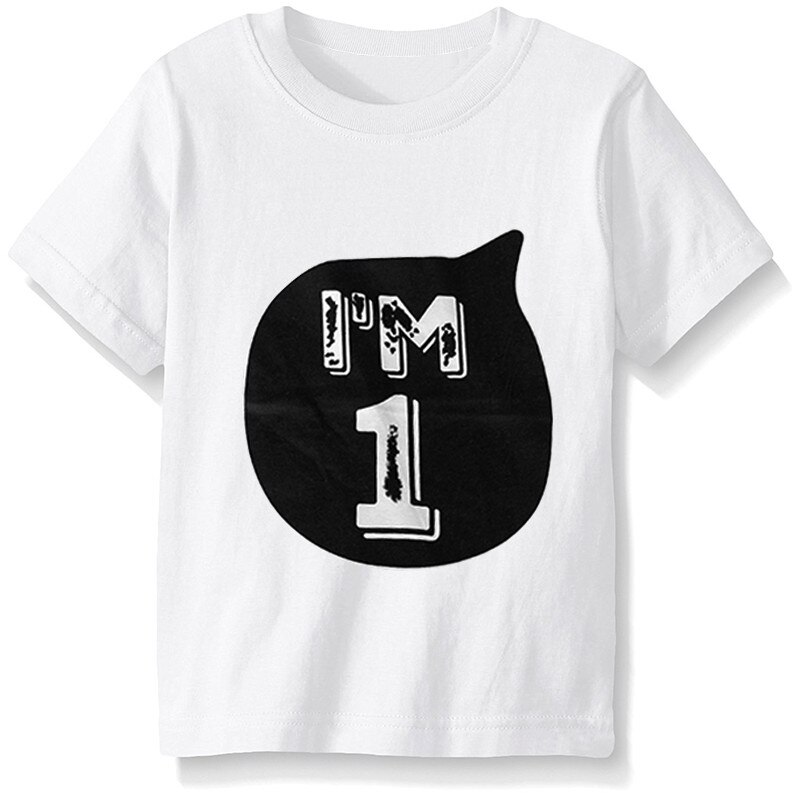Hvid sort baby blød bomulds-t-shirt børnetøj til piger drenge baby 1st fødselsdagstøj tøj kort tee børnetøj: Hvid 1
