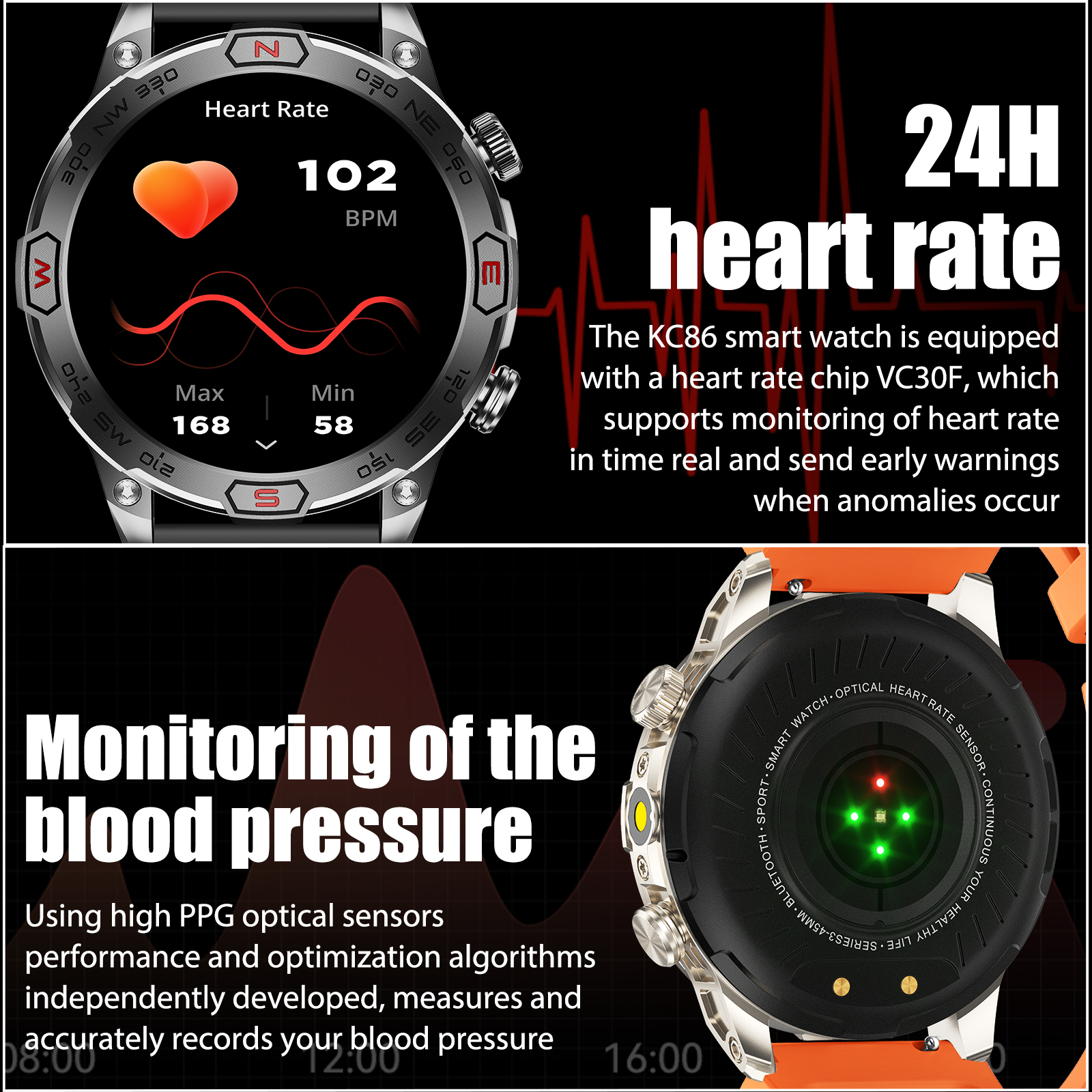 EIGIIS sprytny zegarek KC86 1.43 "ekran AMOLED 1ATM wodoodporny zegarek sportowy dla mężczyzn z kompasem wysokości barometr doprowadziło latarka doprowadziło