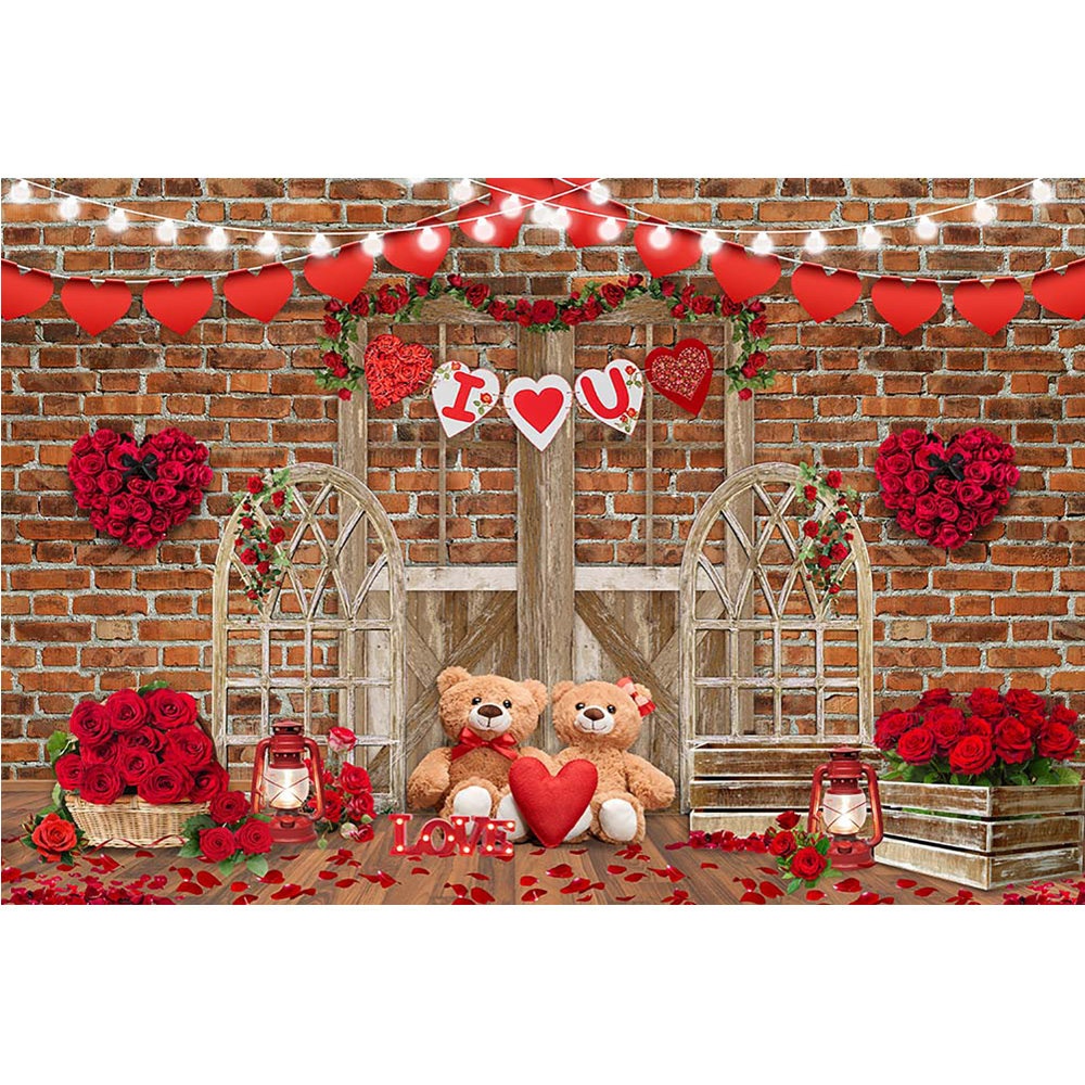 Rustic Brick Wall Backdrop Wooden Door Frame Romantic Wedding Props Red Roses Decor Party Glowing Light Strip Photography Studio