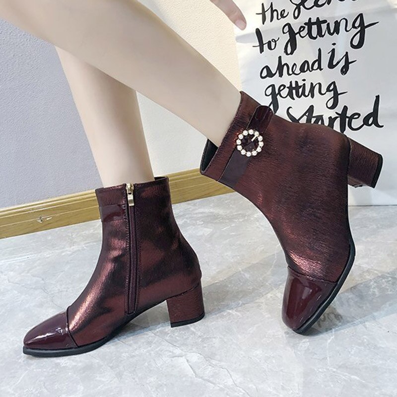 Femmes bottines perle boucle robe chaussures hiver nouvelle perle chaussons dames chaussures carré talon botas mujer 8592N: Vin rouge / 39