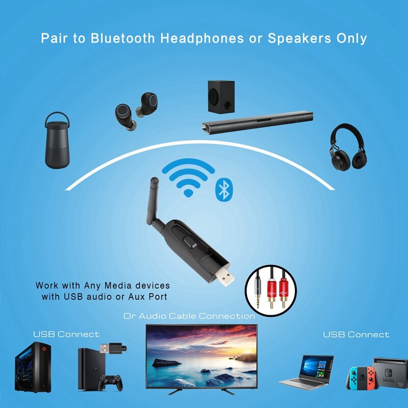 Mini usb bluetooth sender med aptx low latency, trådløs o adapter med 3.5mm aux jack for tv pc, plug & play, dual lin