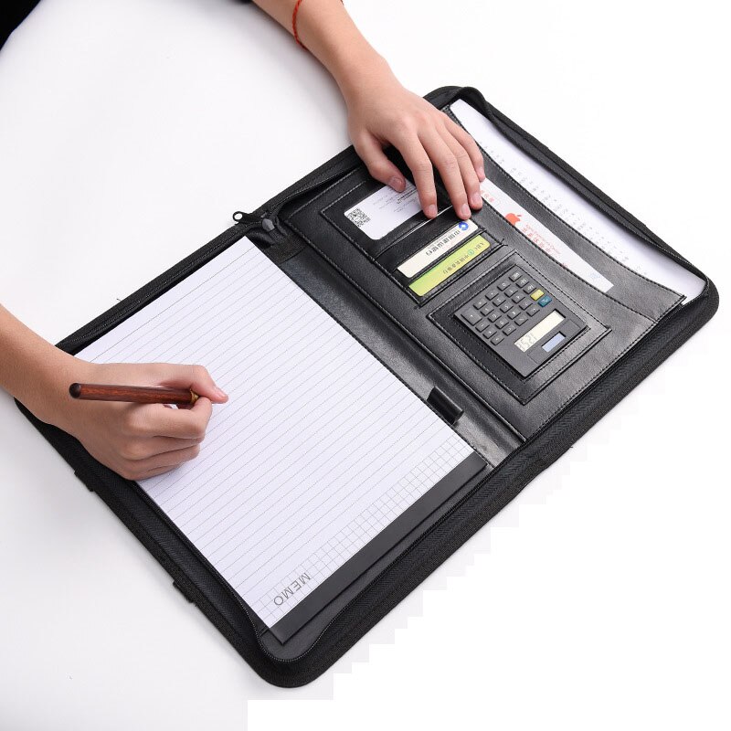 PU Leather A4 File Folder with Calculator Briefcase Bag Handle Zipper Padfolio Business Office Manager Document Pouch Stationery
