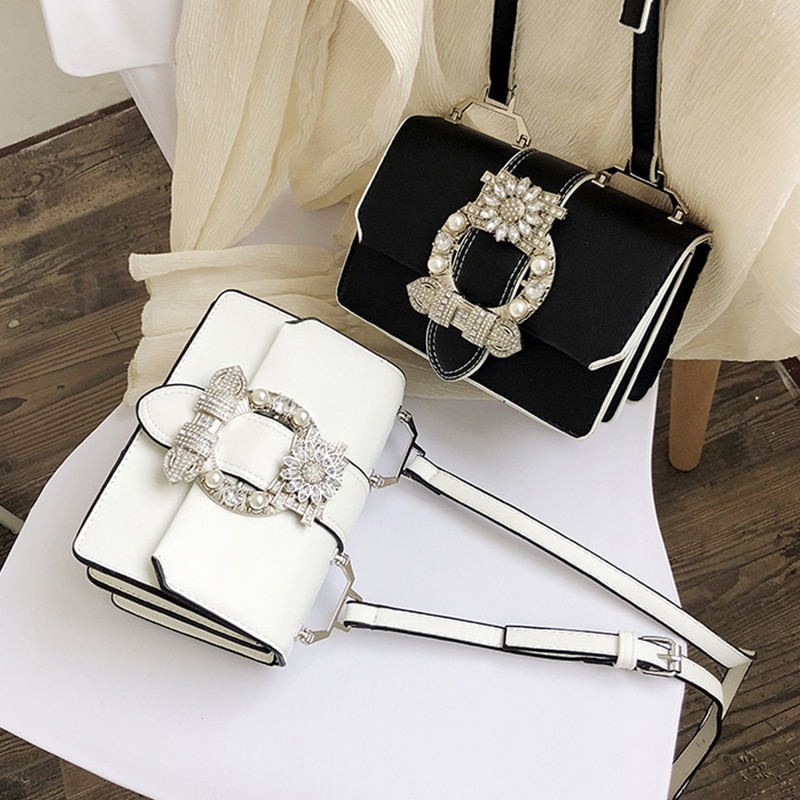 Women Small Square Bags Vintage Single Shoulder Crossbody Bags Rhinestone Pearls Exquisite Flap Bags For Summer