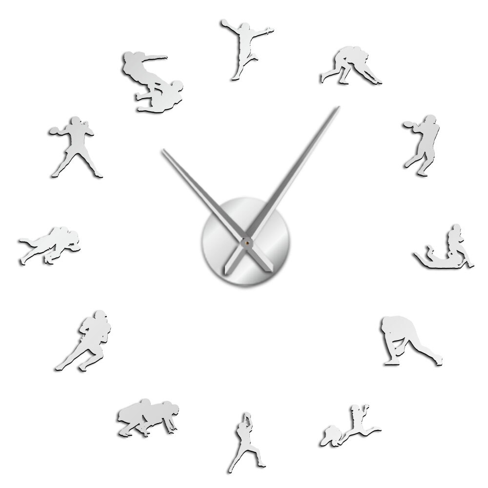 American Football Modern Large Wall Clock Rugby Wall Art Big Time Clock Wall Watch Boys Room Sports Decor Football Player: Silver / 37 inch
