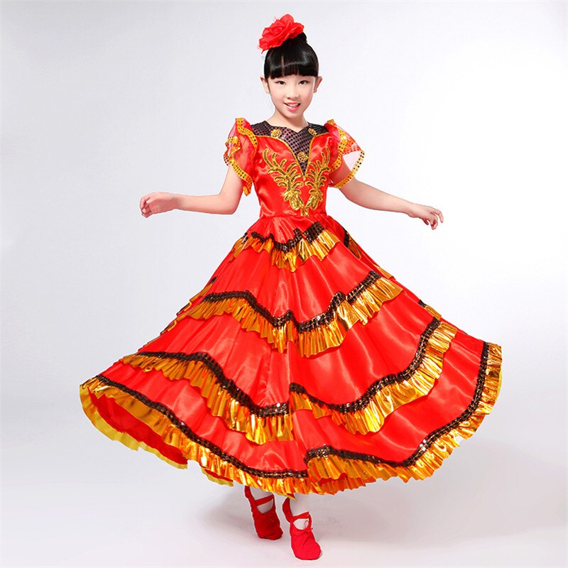 Spansk kostume pige lang rød flamenco kjole balsal nederdel flamengo piger børn danse kjoler kostumer til børn tøj  dn3038