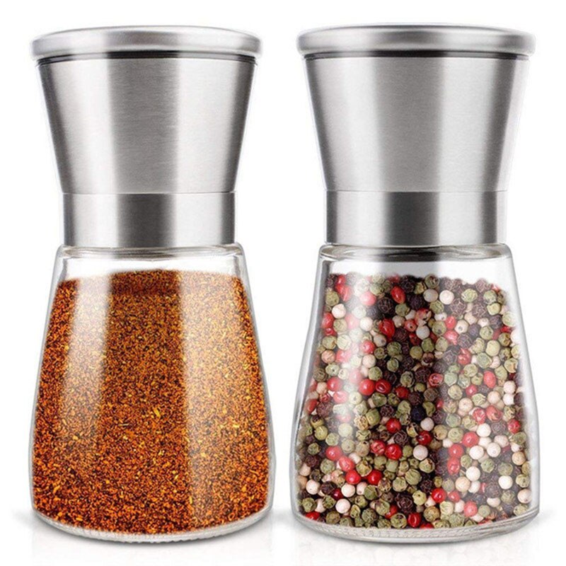 Roestvrij Staal/Glas Handleiding Rotatie Peper Molen Multifunctionele Kruidkruik Zout En Peper Shakers Keuken Kruiden Gereedschap: short-2Pcs