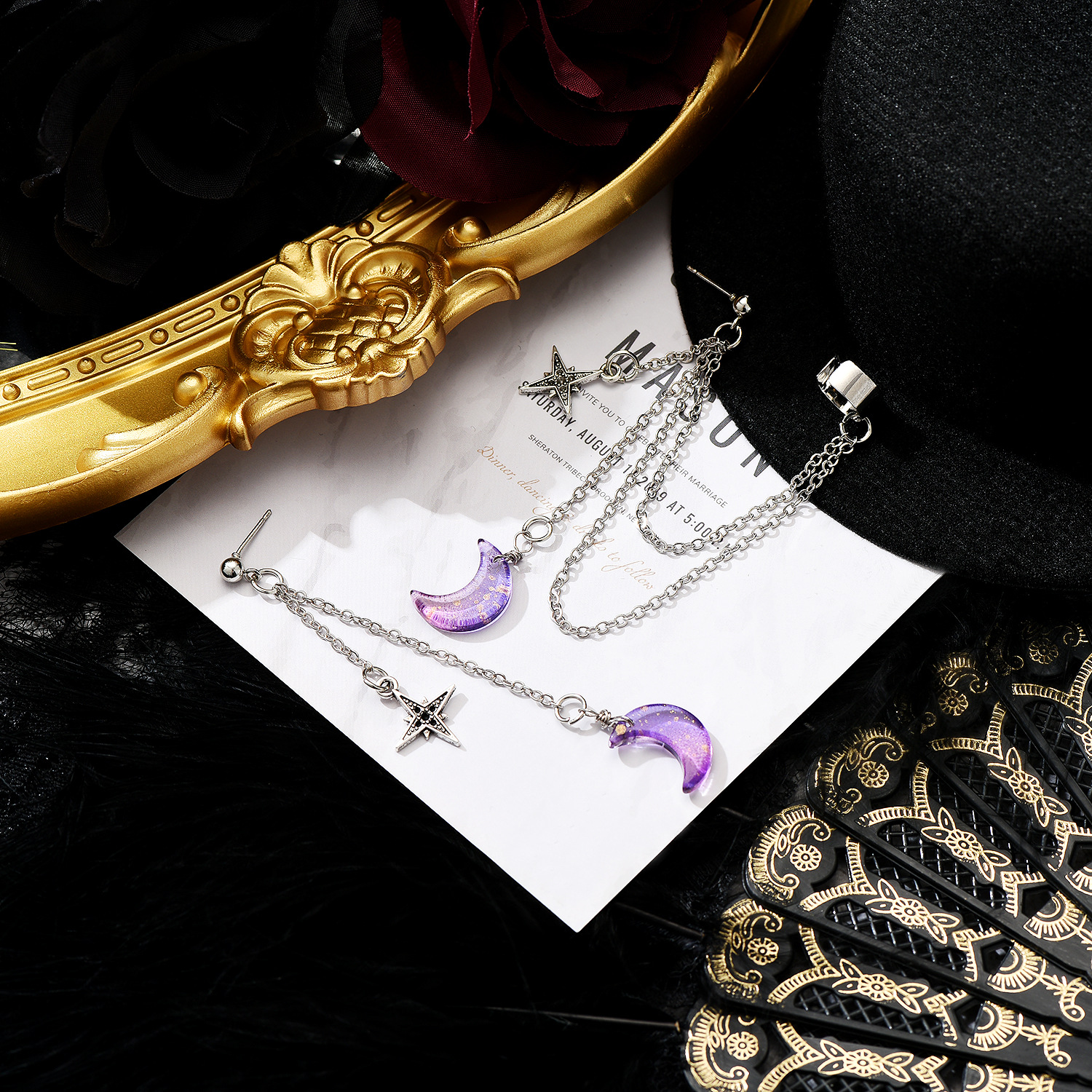 Nueva coreana, pendientes de aleación con forma de luna y estrella, pendientes morados de cristal con forma de estrella y Luna, pendientes asimétricos con diamantes de imitación para mujer, joyería