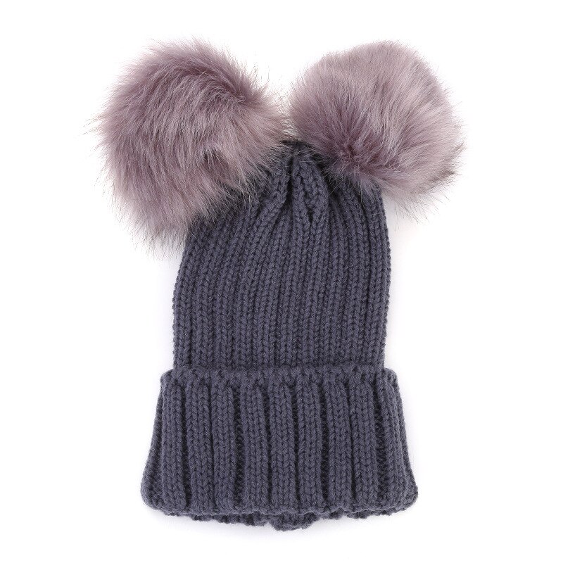 Gorro con pompón de pelo para niña y mujer, 2 pompones, sombreros de invierno de mujer, gorro de lana tejida de algodón, gorra gruesa de mujer: Gris